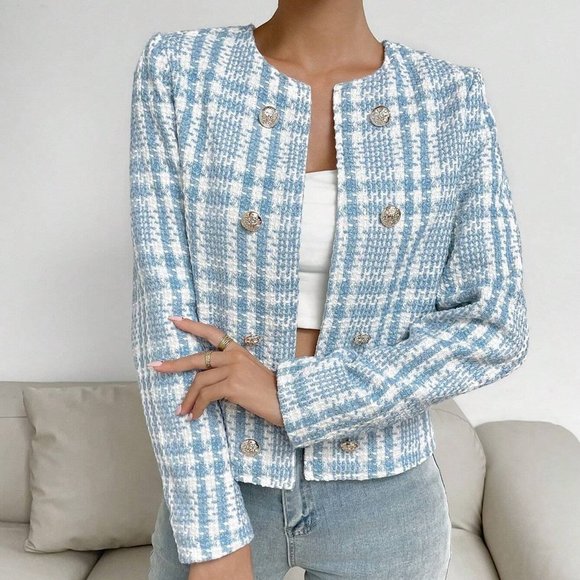 Blue Preppy Womens Plaid Pattern Open Front Overcoat - Picture 5 of 5